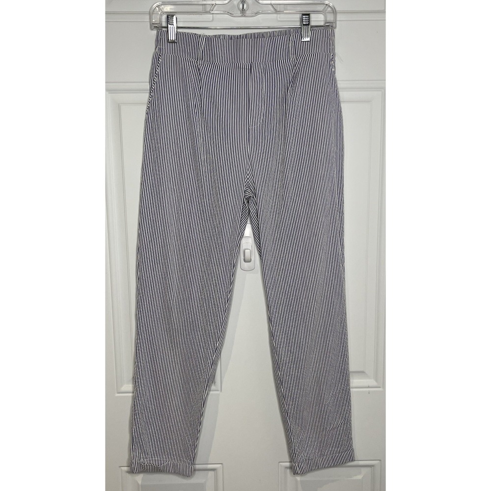 Shinestar Women's Large Seersucker Striped Pants Blue White Ankle Length